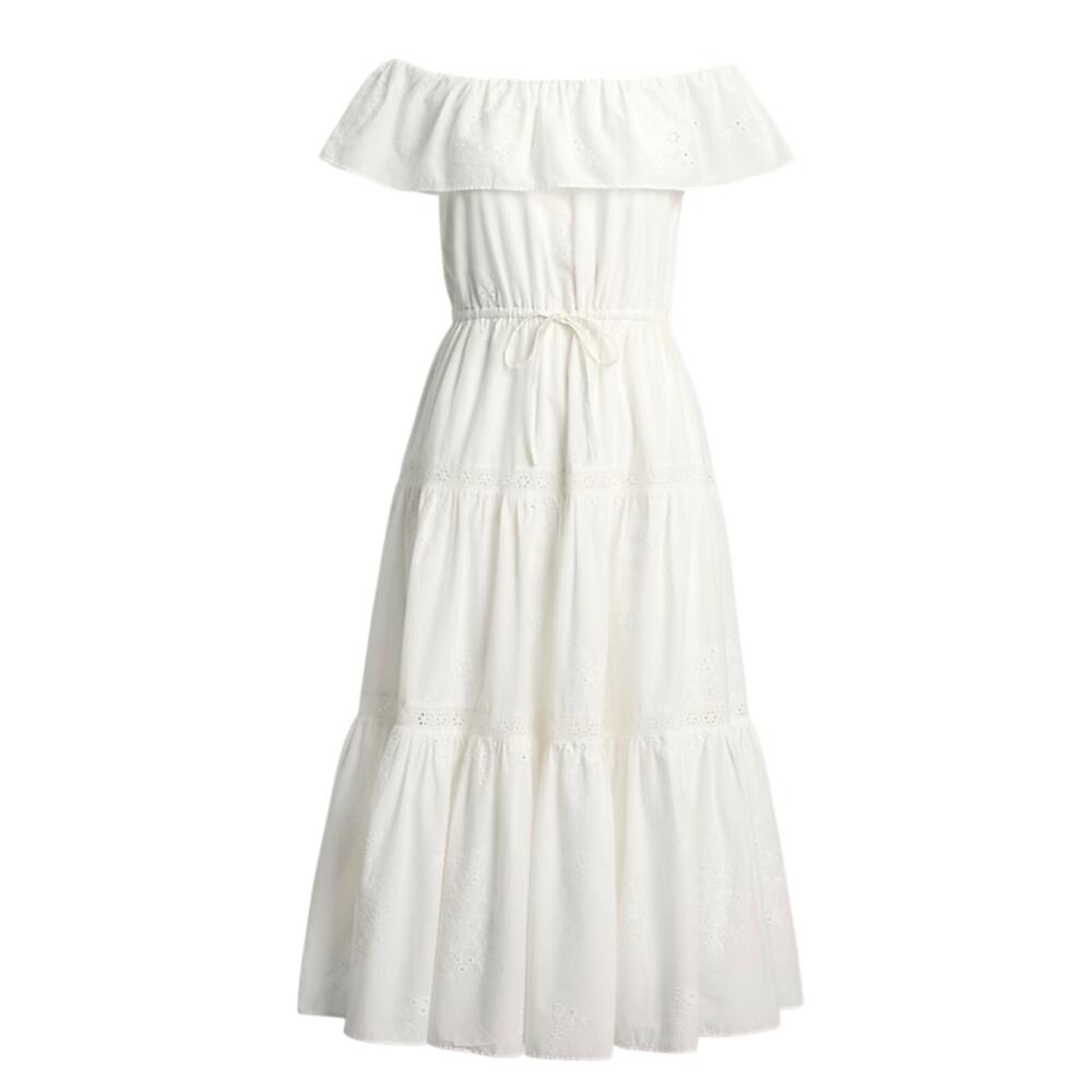 Lauren Ralph Lauren Cotton Off-the-Shoulder Tiered Dress Eyelet Size 8 NWT